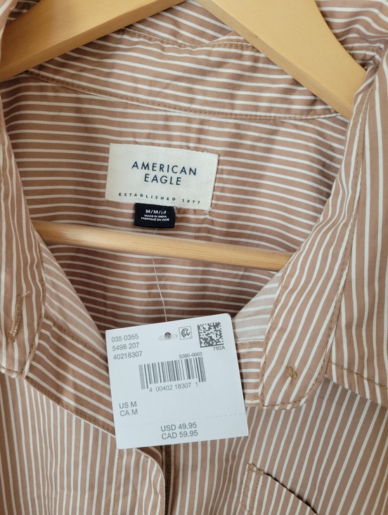NWT American Eagle Perfect Button-Up Shirt Women's Oversized Tan Stripe Medium - Picture 9 of 10